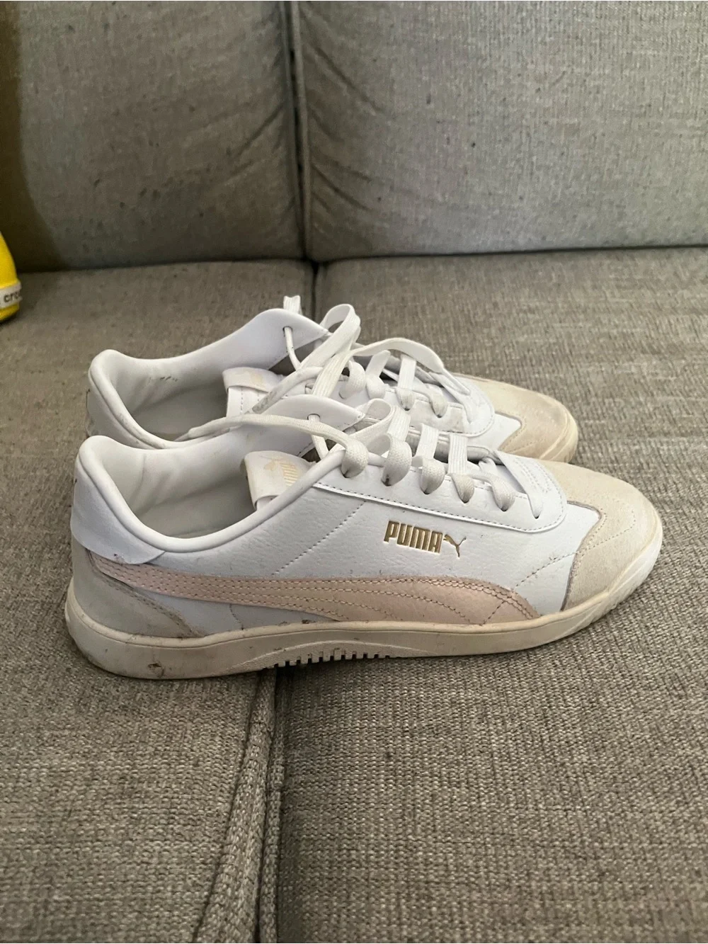 Puma Women’s White Sneakers with Pale Pink Stripe and Gold Logo